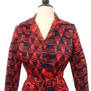 Vintage Lanvin Dress 1970s Op Art Print Red Blue Shirtwaist Psychedelic
